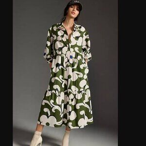 Anthropologie Bettina Green & White Floral Tiered Shirtdress | XS Petite